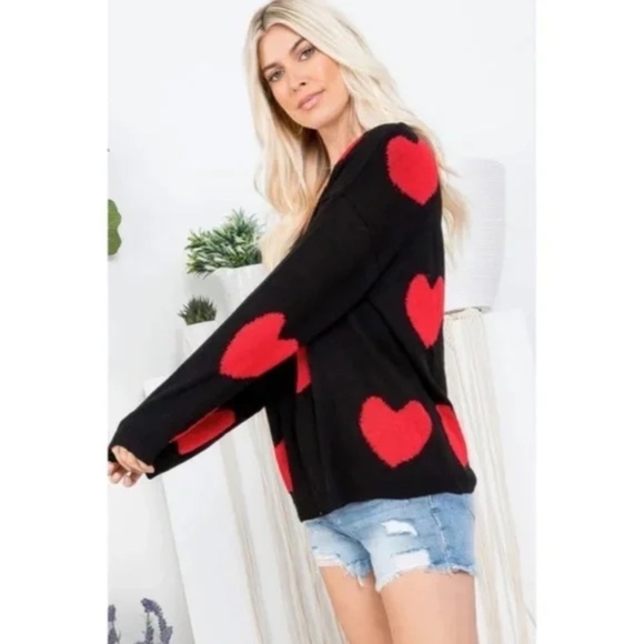 Black Red Multi Heart Knit V-Neck Valentines Day Long Sleeve Relaxed Sweater - Picture 6 of 10
